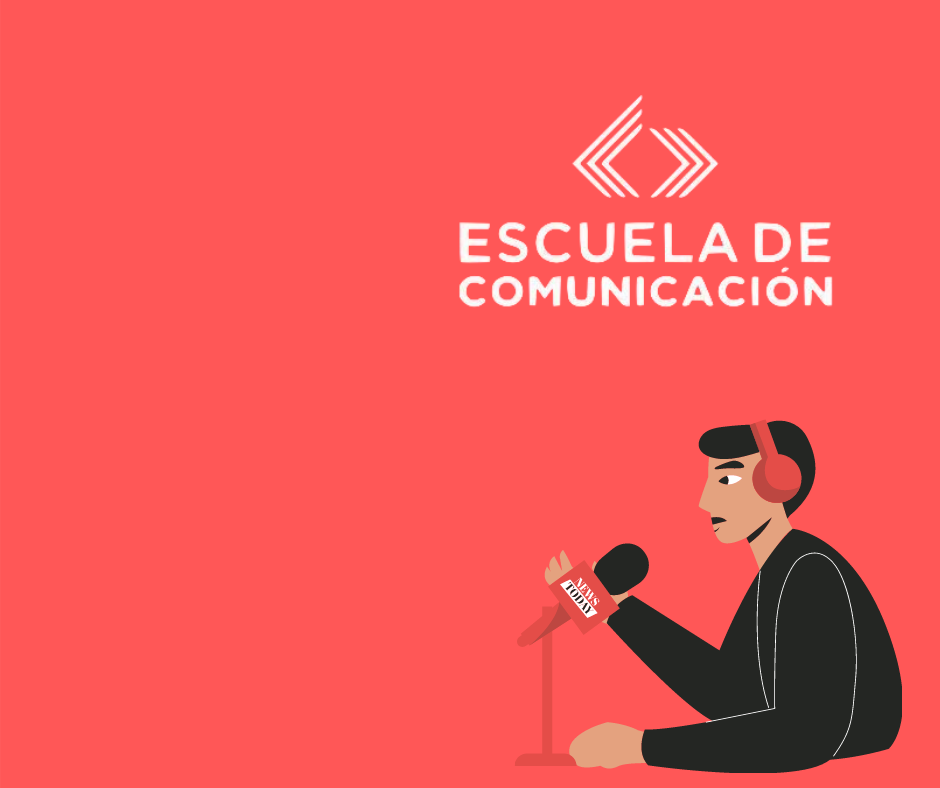 Fondo rojo con el logo de la Escuela de Comunicación de la UPRRP al lado derecho de la pantalla. Debajo del logo hay un dibujo de un joven reportero sentado con audífonos rojos puestos y un micrófono frente a él.